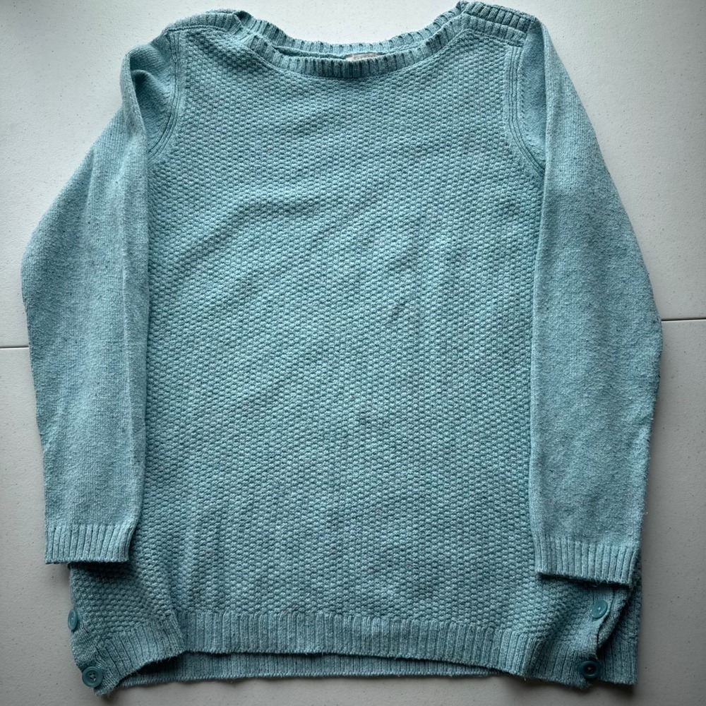 Talbots Petite Textured Crew Neck Sweater‎ Blue Speckled Buttons Preppy Size MP